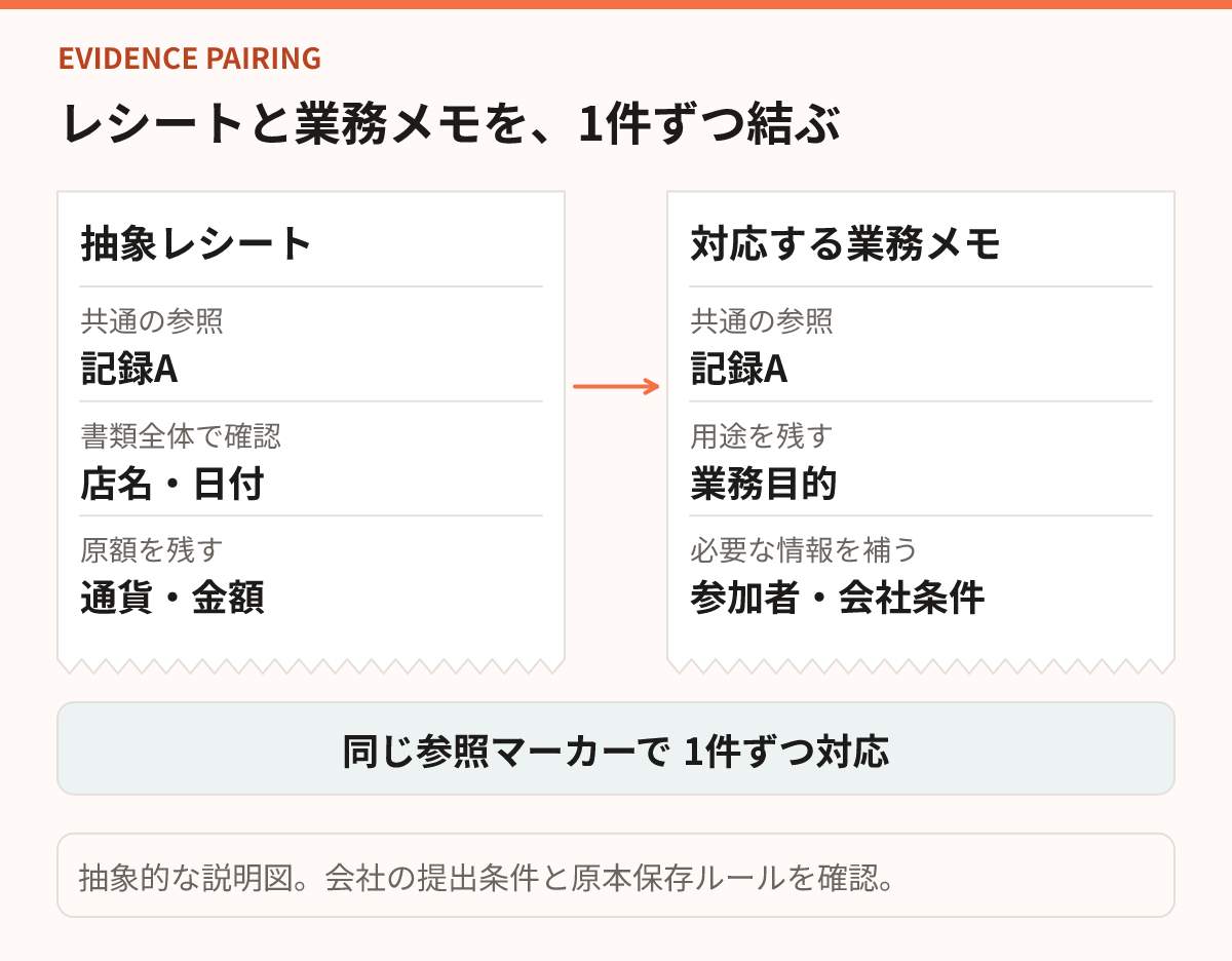 レシートの店名・日付・通貨・金額と、業務目的・参加者のメモを一件ずつ対応させる図。